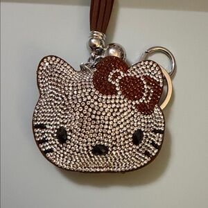 Crystal Embellished Cat Face Keychain Card Holder - Brown